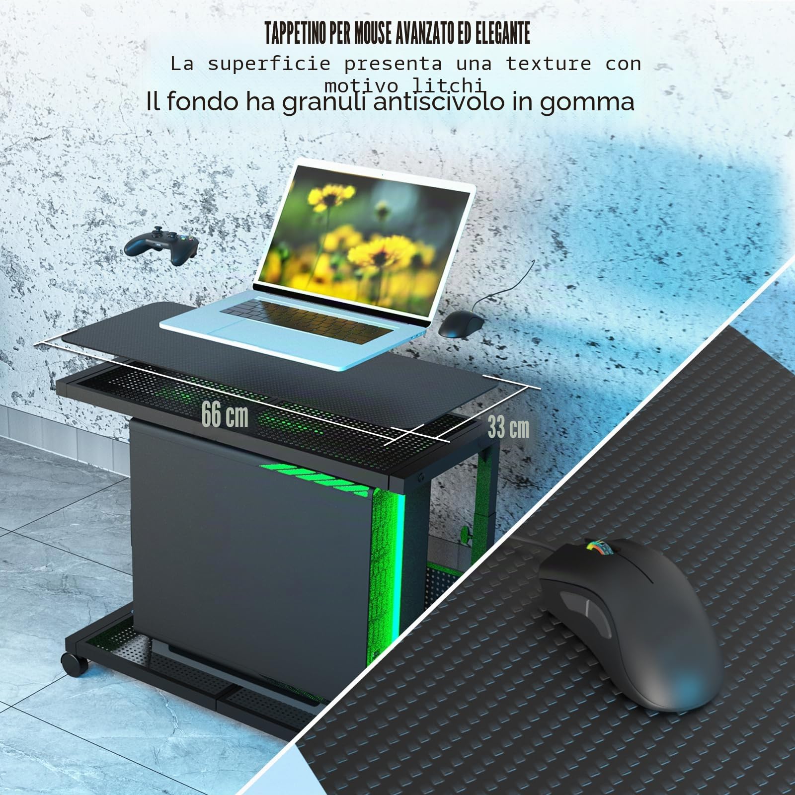 Moricher Supporto a torre per computer, regolabile in altezza, a 2 livelli, ATX, supporto per stampante da pavimento, con ruote girevoli e tappetino per mouse, accessori da gioco per casa e ufficio