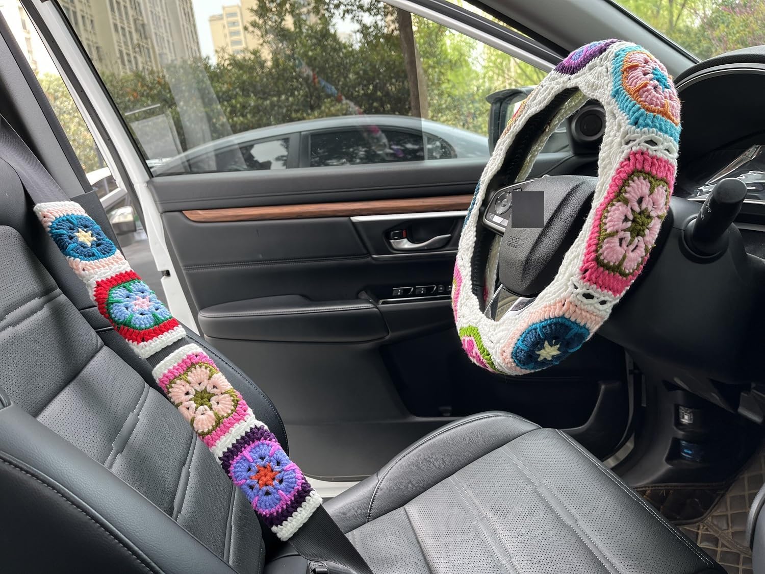 Crochet Galsang Flower Car Steering Wheel Covers,Seat Belt Cover,Car Interior Accessories Decorations (E,Wheel Covers+2belt Covers)