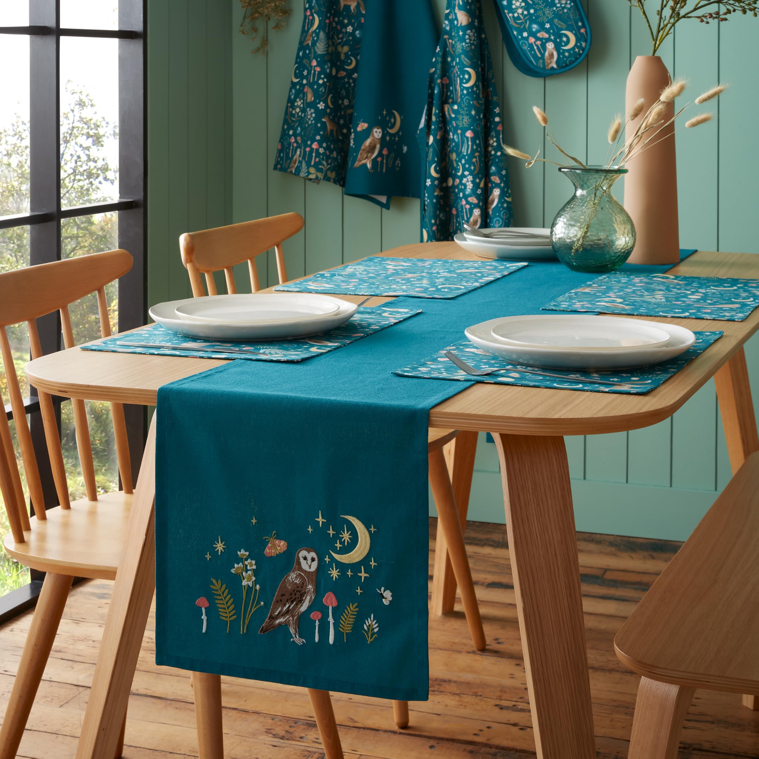 B&Q -  Enchanted Twilight Animals Cotton 33X220Cm Dining Table Runner Green