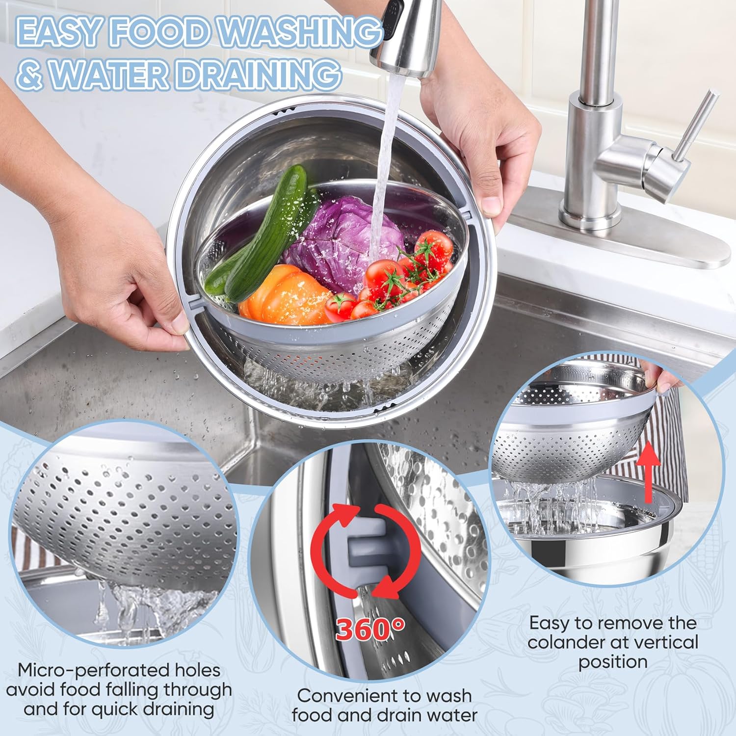 TeamFar 4-1 Colander with Bowl Set, Rotatable Colander for Kitchen, Stainless Steel Food Strainers and Colanders Mixing Bowl with Graters, for Veggies Fruits Washing, Pasta Straining - Khaki