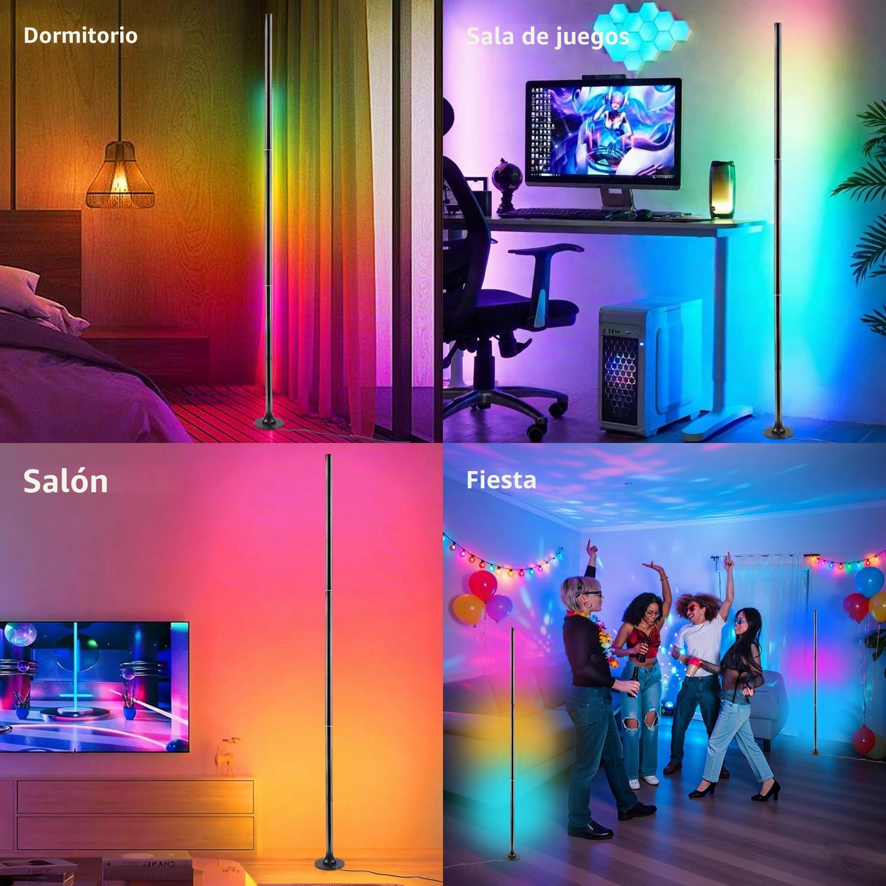 Lámpara de Pie LED RGB, Regulable con Mando y App, 16M Colores y Sincronización Musical, 120 cm, Angular Desmontable