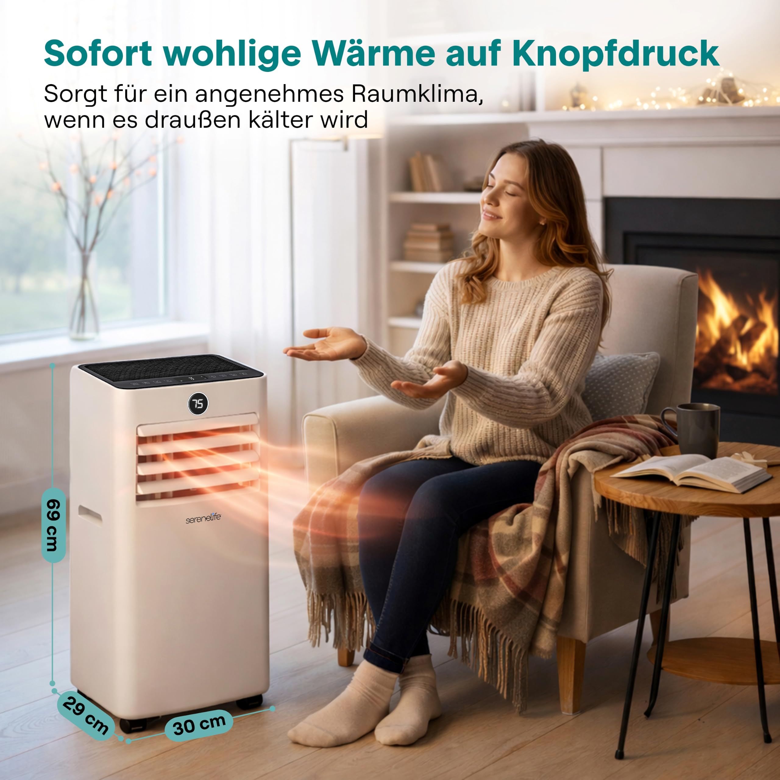 SereneLife Mobile Klimaanlage mit Abluftschlauch 9000 BTU, 4 in 1 Kühlen, Heizen, Entfeuchten und Ventilieren, Inkl. Fensterkit und Fernbedienung, bis 31 m², Perfekt für Heiße Sommertage
