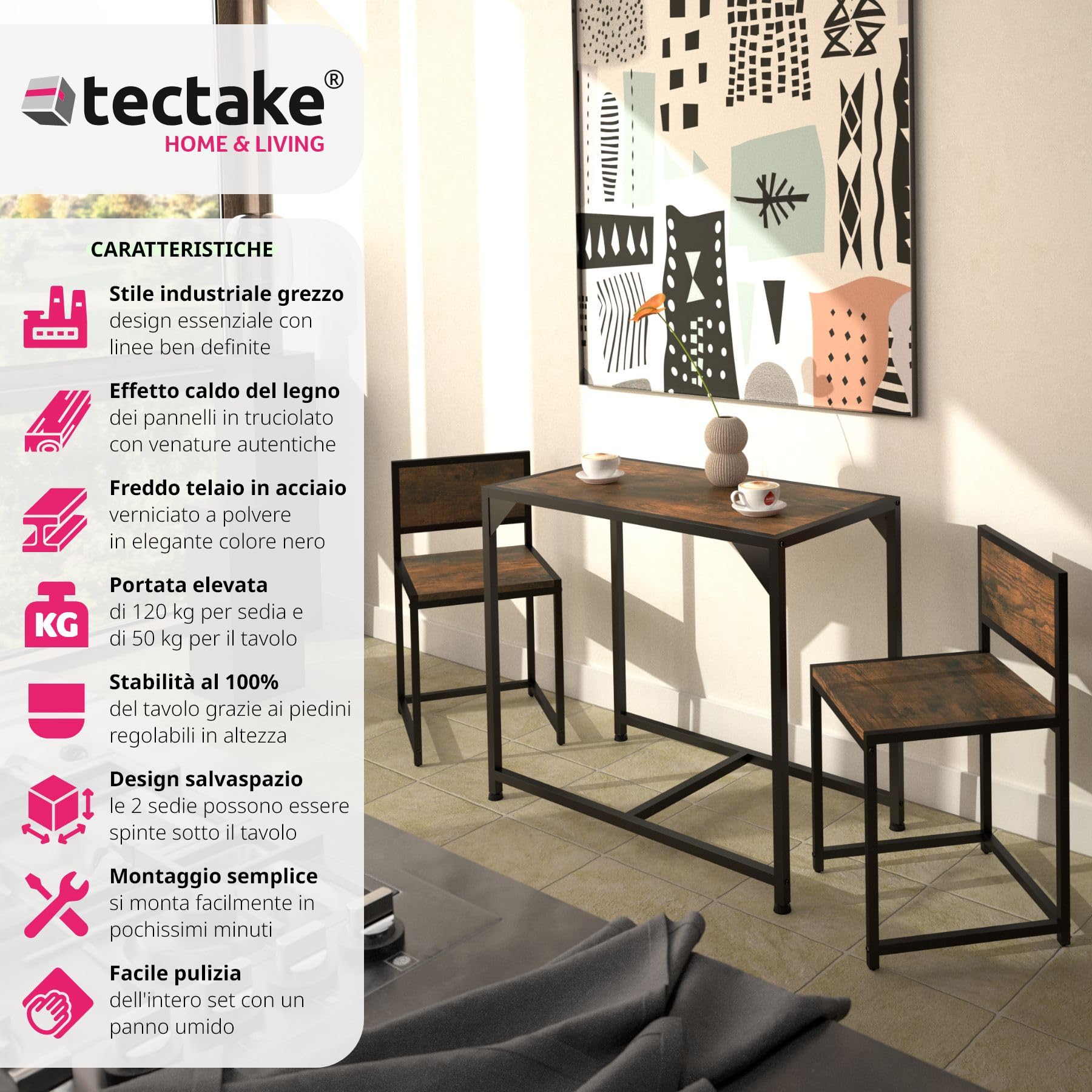 tectake 800975 Salottino Milton, Sedie con cappucci in plastica per non graffiare il pavimento, Tavolo con piedi in plastica regolabili in altezza (industriale scuro)