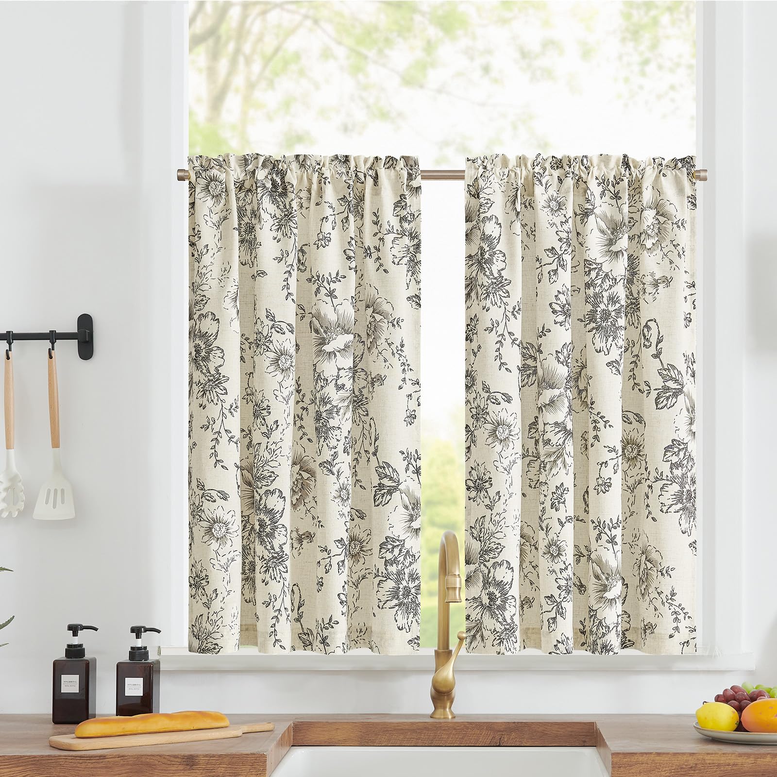 TOPICK Kitchen Curtains 36 Inch Drop, Linen Look Black Floral Rod Pocket Small Cafe Curtains, Light Filtering Short Curtain Tiers for Cupboard Base, Sink, Basement, Bistro, W36 x L36 Inch