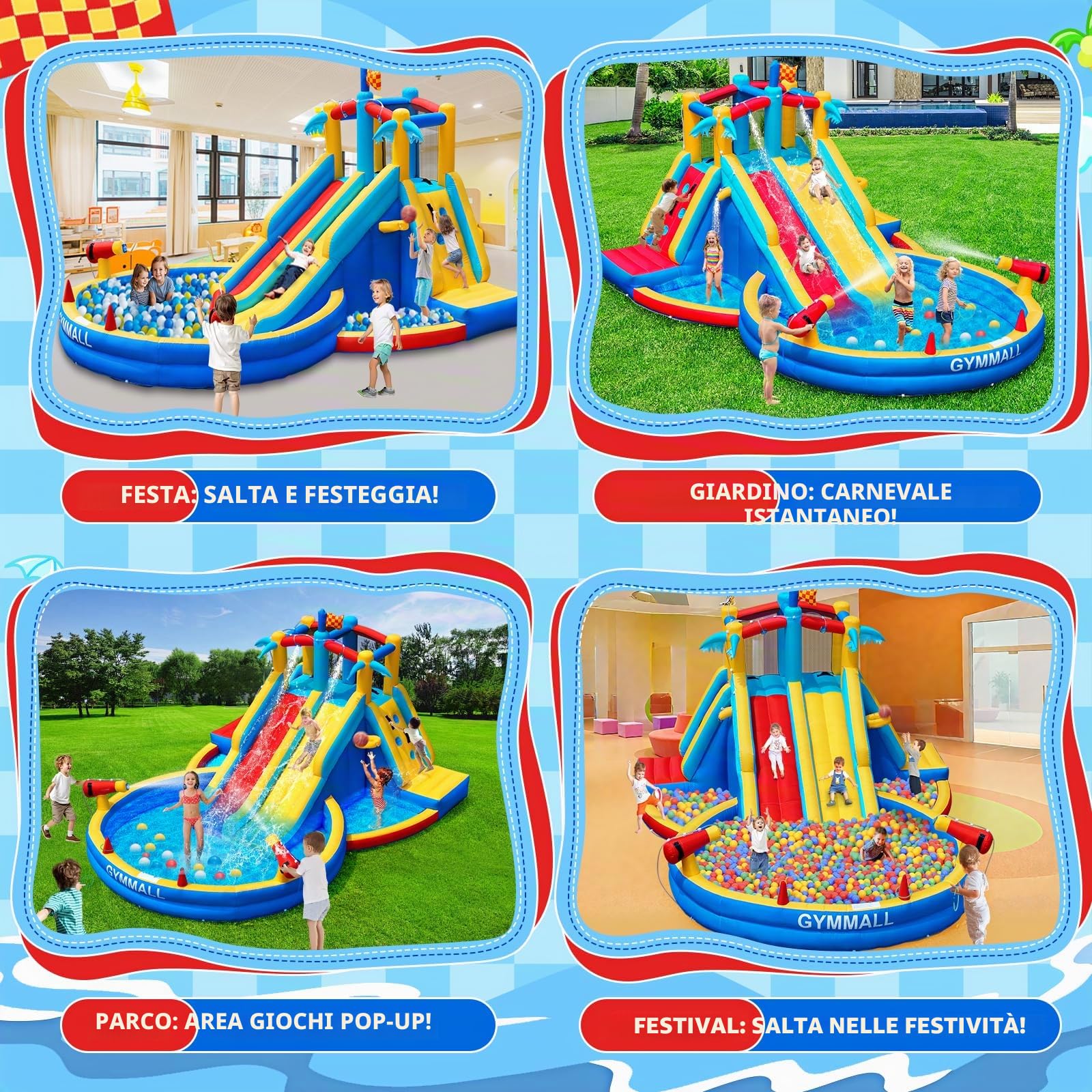 Castello Gonfiabile scivolo acquatico ventilatore 550W, centro gioco acquatico gonfiabile piscina interno esterno doppio scivolo parete arrampicata canestro giardino cortile
