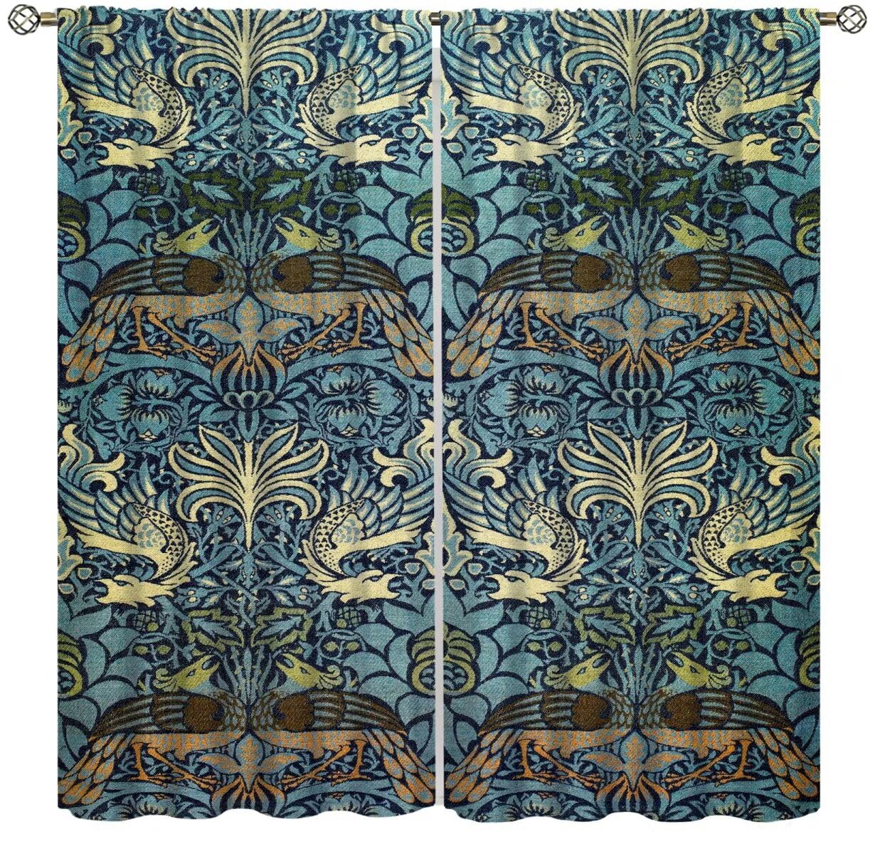 XBDDZSW William Morris Floral Curtains Watercolor Vintage Flower Art Style Boho Chic Retro Bird Blue Floral Pattern Printed Curtains Bedroom Living Room Privacy Curtains W42 * L63 Inch Decor