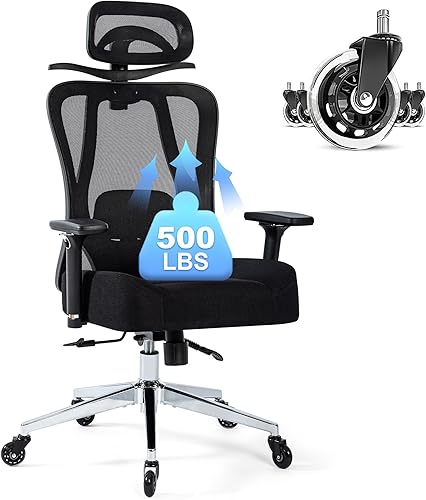 Silla de oficina de 500 libras, silla de escritorio ergonómica de malla para personas pesadas, silla de oficina resistente con cojín de asiento