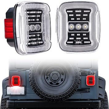 LED Tail Lights Compatible with Wrangler YJ 1987-1995, TJ 1997-2006, CJ5 1976-1983, CJ7 1976-1986, CJ8 1981-1985 Rear License Plate/Running/Brake/Turn Signal/Reverse Light Kit,2PCS Clear Lens
