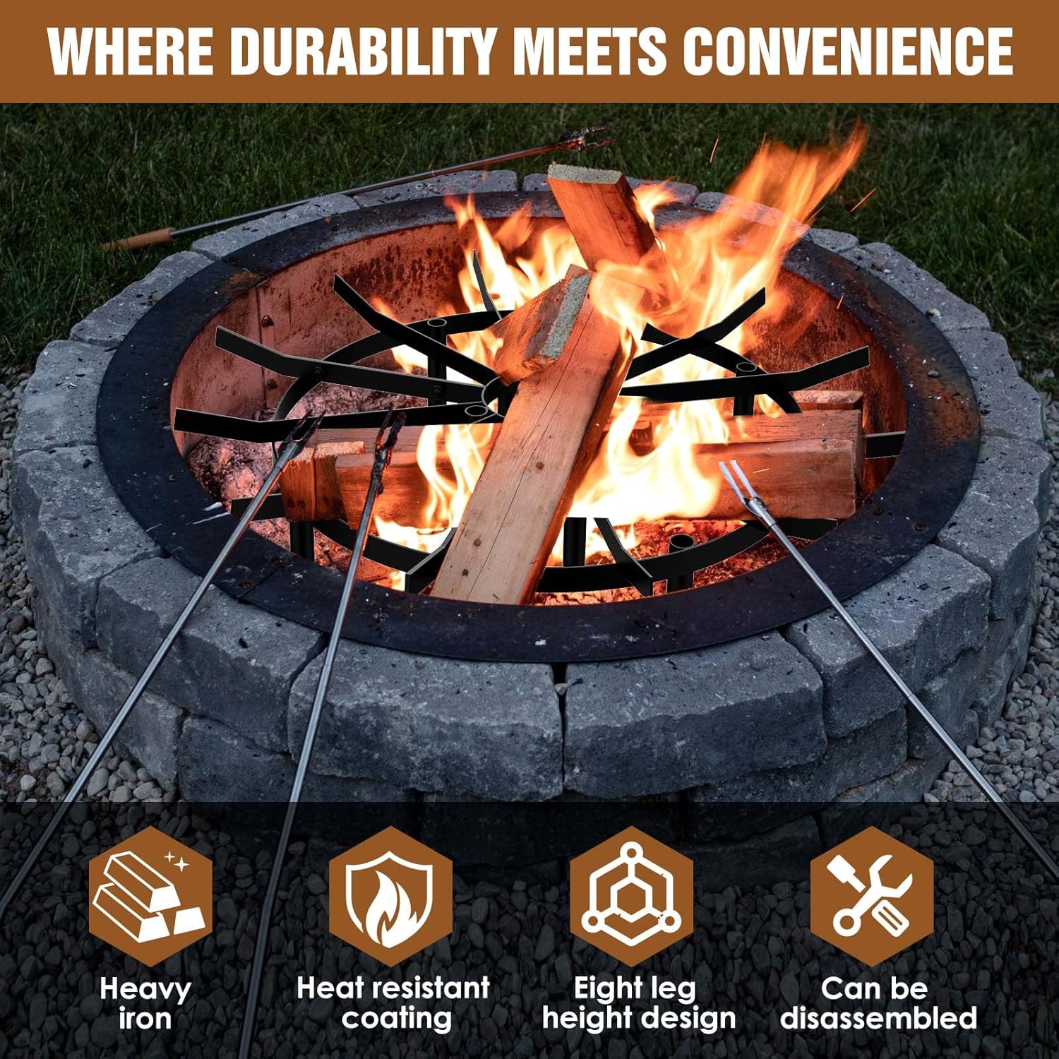 24" Round Fire Pit Grate - 8-Leg Design with 12 Bars, Reinforced Rim & High-Temp Powder Coat for Ultimate Stability & Safety - Ideal for Fireplace, Hearth, Wood Stove and Outdoor Campfire