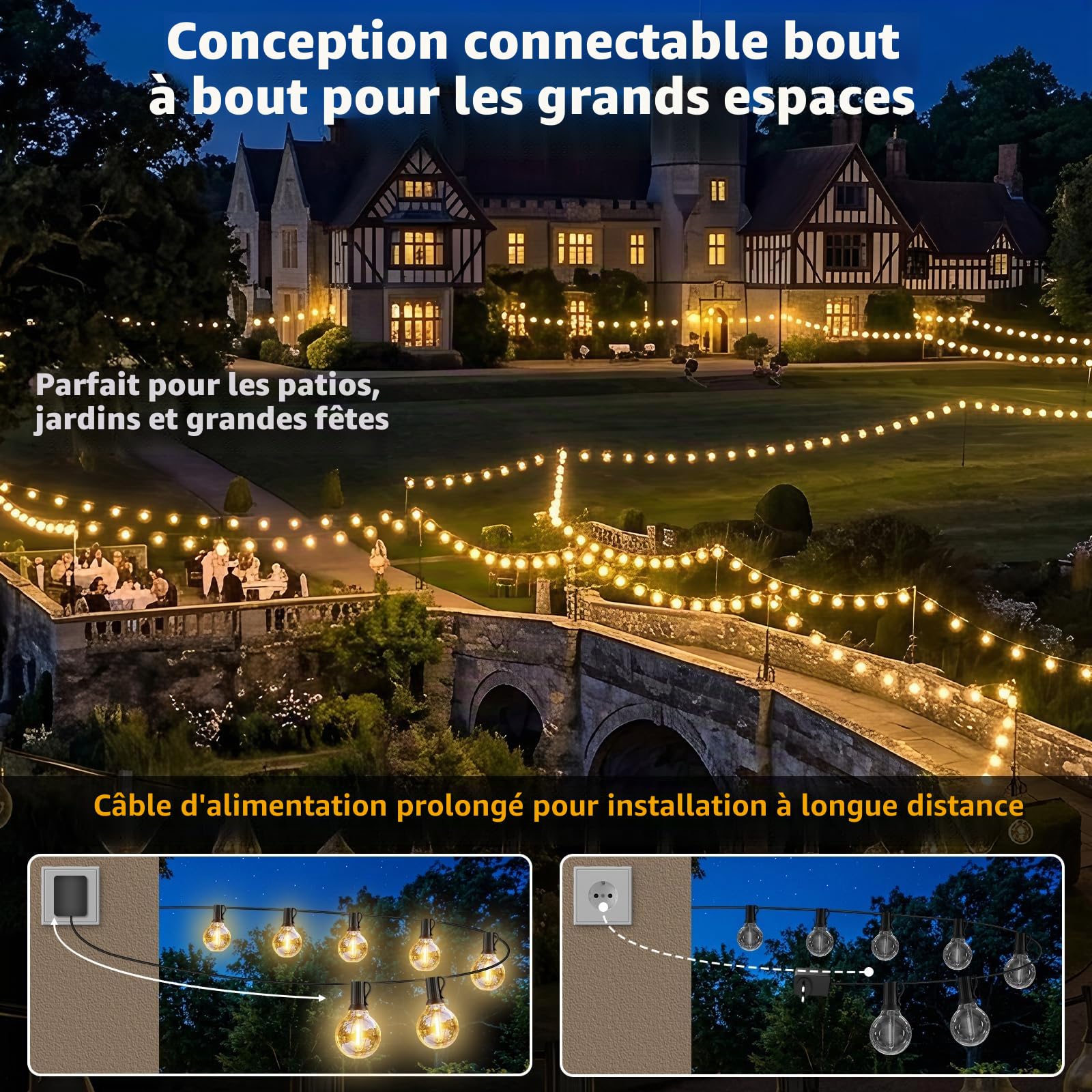Loowoko Guirlande Lumineuse Extérieure 30M G40 - LED Intelligente avec App & Télécommande, Double Contrôle, 40+2 Ampoules Dimmables, IP44, Minuterie pour Jardin, Balcon, Soirées