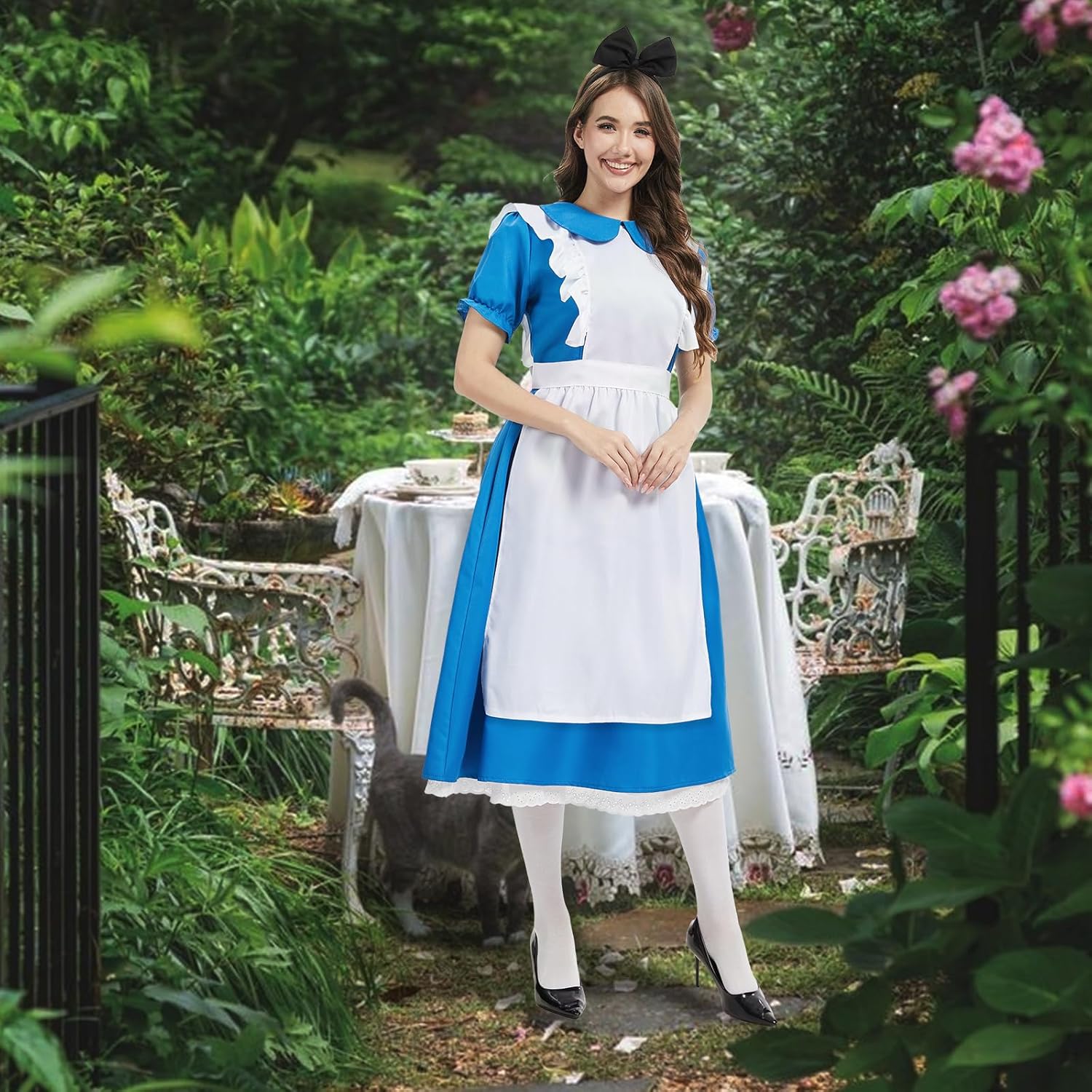 Women Blue Princess Dress Adult Halloween Costume with bow headband and stockings Fairytale Party Costume - Image 6