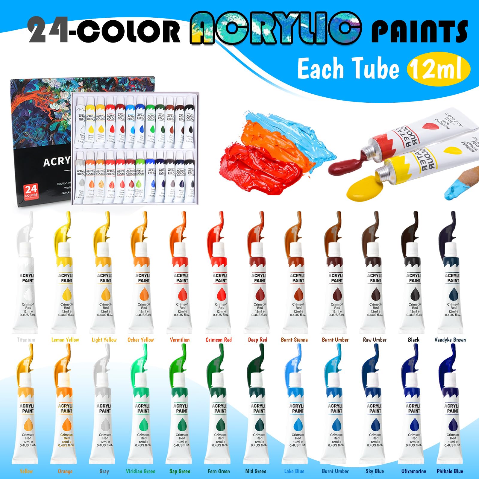 40 Piezas Kit de Pintura, Caballete de Mesa con 24 Colores Tubos de Pintura Acrilica, 3 Paneles de Lienzo, 1 Paleta, 10 Pinceles, Set de Pintura para Artistas Adultos y Principiantes
