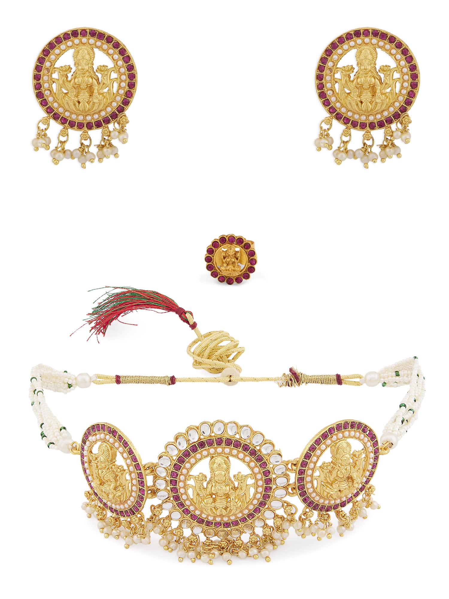 See full amazon price history chart for ZAVERI PEARLS Pinks Stones Goddess Laxmi Temple Choker Necklace Earring & Ring Set For Women-ZPFK13654 ZAVERI PEARLS Pinks Stones Goddess Laxmi Temple Choker Necklace Earring & Ring Set For Women-ZPFK13654 (B0B1HSK3SP) Amazon Price History, Amazon Price Tracker