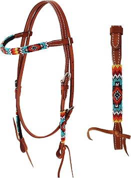 CHALLENGER Horse Show Bridle Western Leather Beaded Browband Headstall Tie Ends 79113HB1