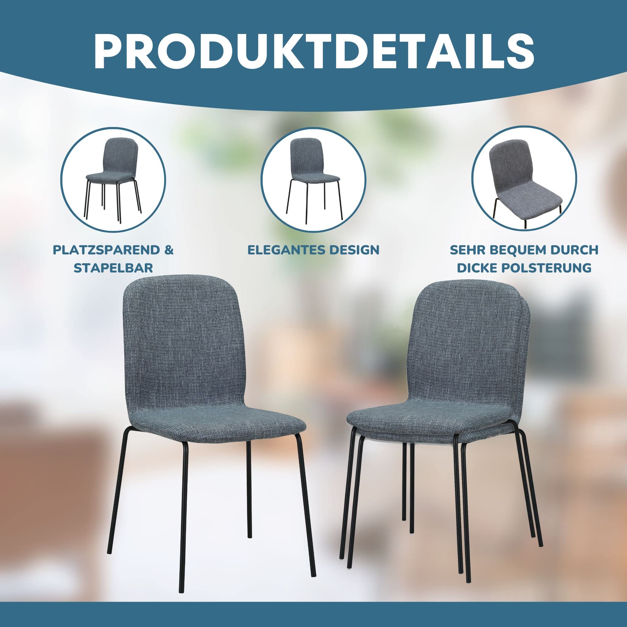 ALBATROS Esszimmerstühle 4er Set ENNA, grau - stapelbar, bequemer Polsterstuhl - Eleganter Küchenstuhl, Stuhl Esszimmer oder Esstisch Stuhl, Konferenzstuhl