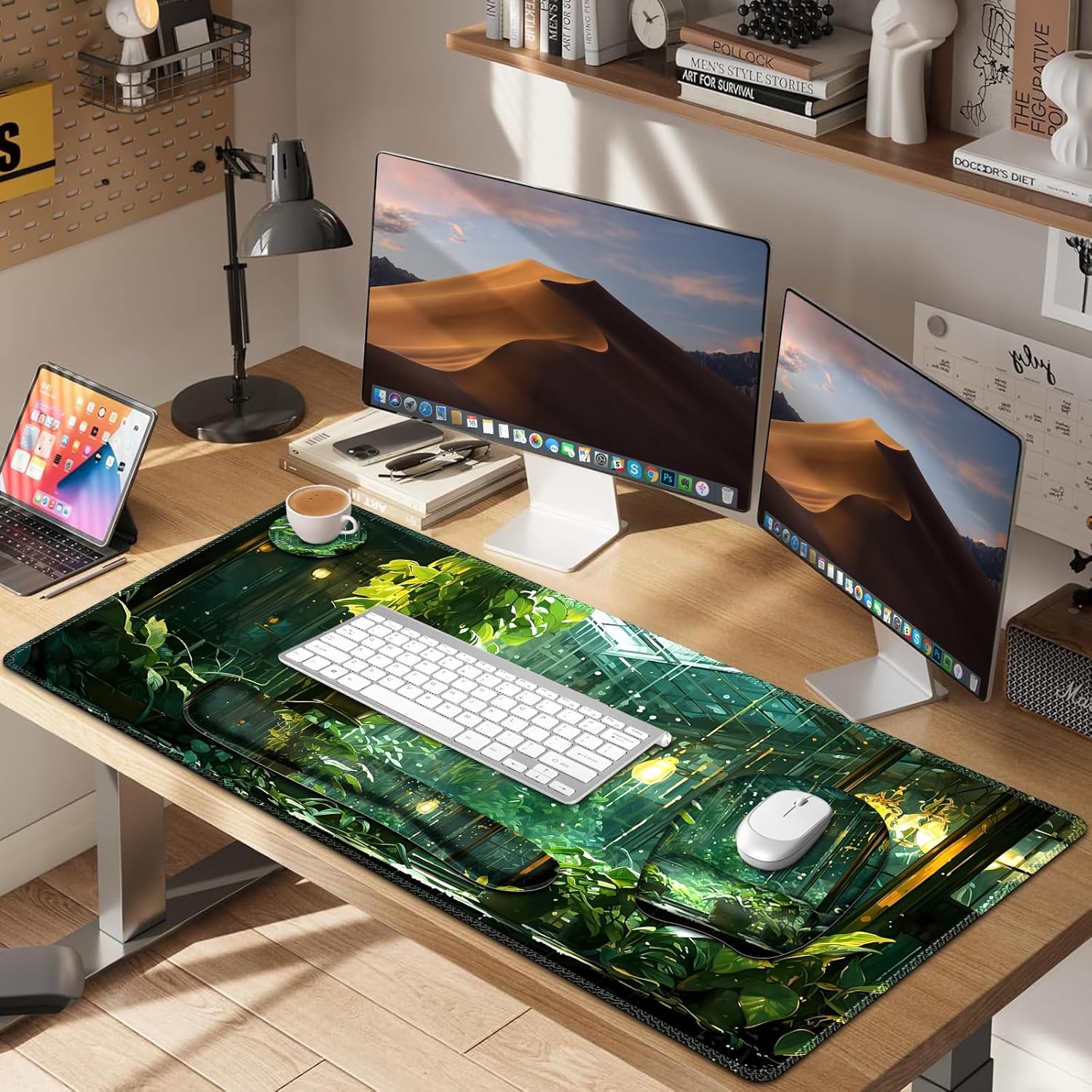 Large Mouse Pad with Wrist Support 4 in1 Set, XXL Big Game Mousepad + Keyboard Wrist Rest+Mouse Wrist Rest Pad +Coaster Gaming Mat for Women Men Home Office Computer I Green Plants Romantic Rain
