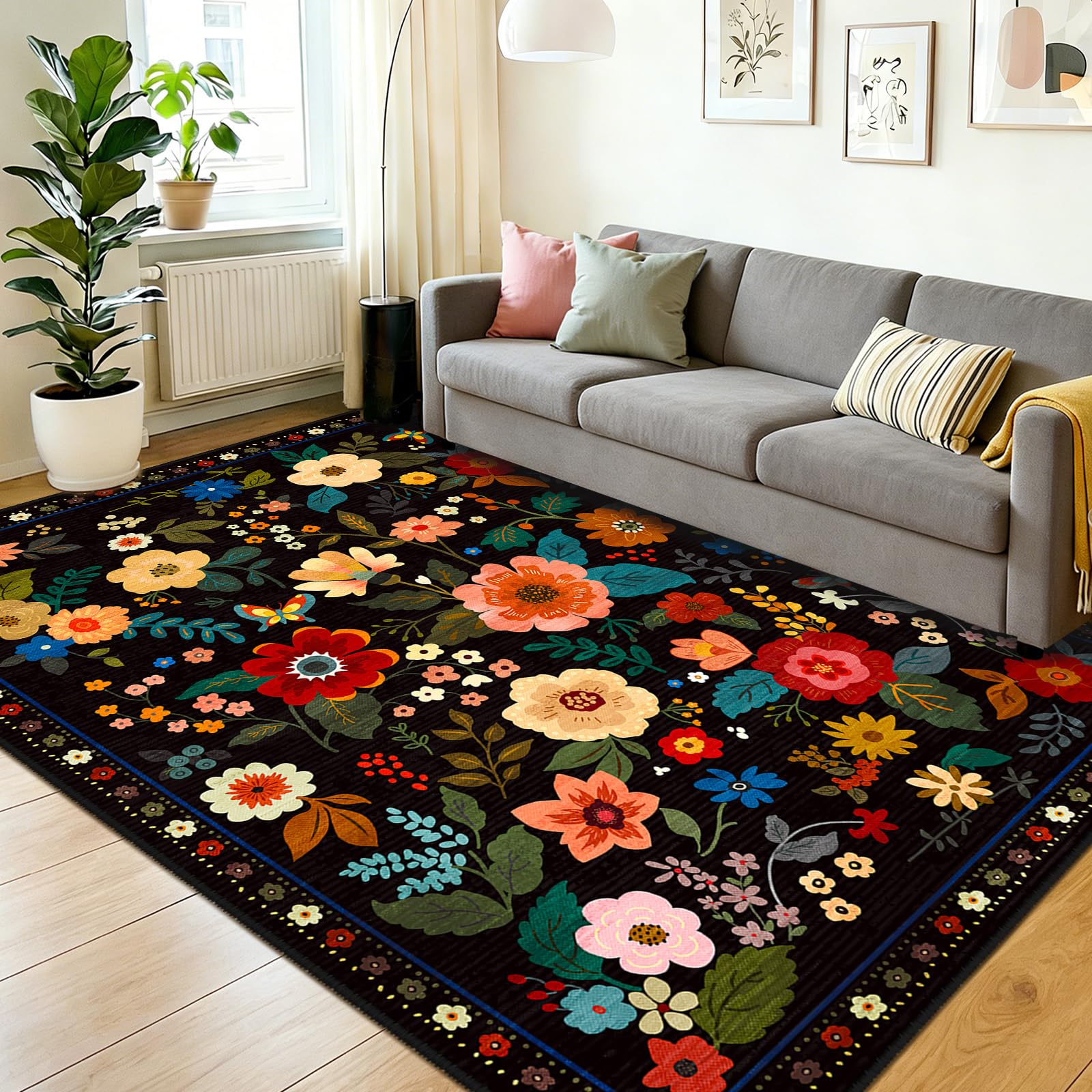 DEFYNEE Machine Washable Rugs Living Room, 180×270cm Floral Rug, Non-Slip Low Pile Boho Vintage Floral Carpet with Printed Design for Kids Room, Bedroom, Kitchen, Entryway, Lounge, Black — image 1