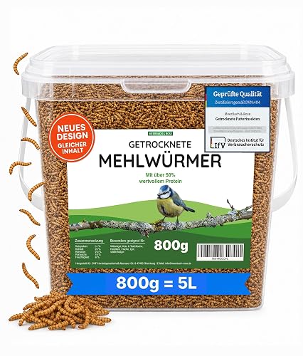 MeerBach Animal Mehlwürmer getrocknet ? 5 Liter (800g) Futtermittel im Eimer ? der proteinreiche Snack für…