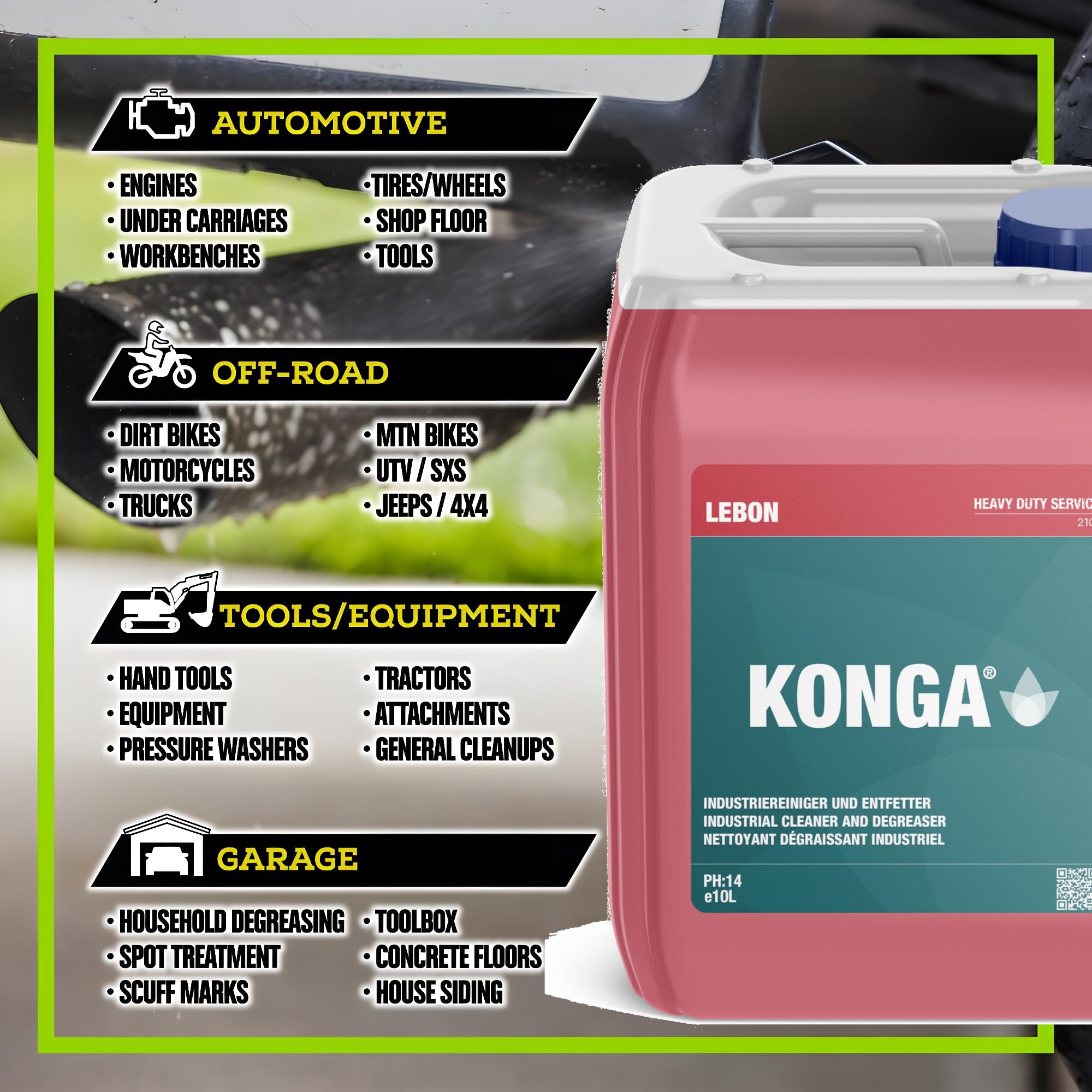 Konga® Hochleistungs-Industriereiniger & Entfetter – Professionelles Konzentrat für Garage, Motor, Maschinen & Werkstatt – Schneller Öl- und Fettentferner