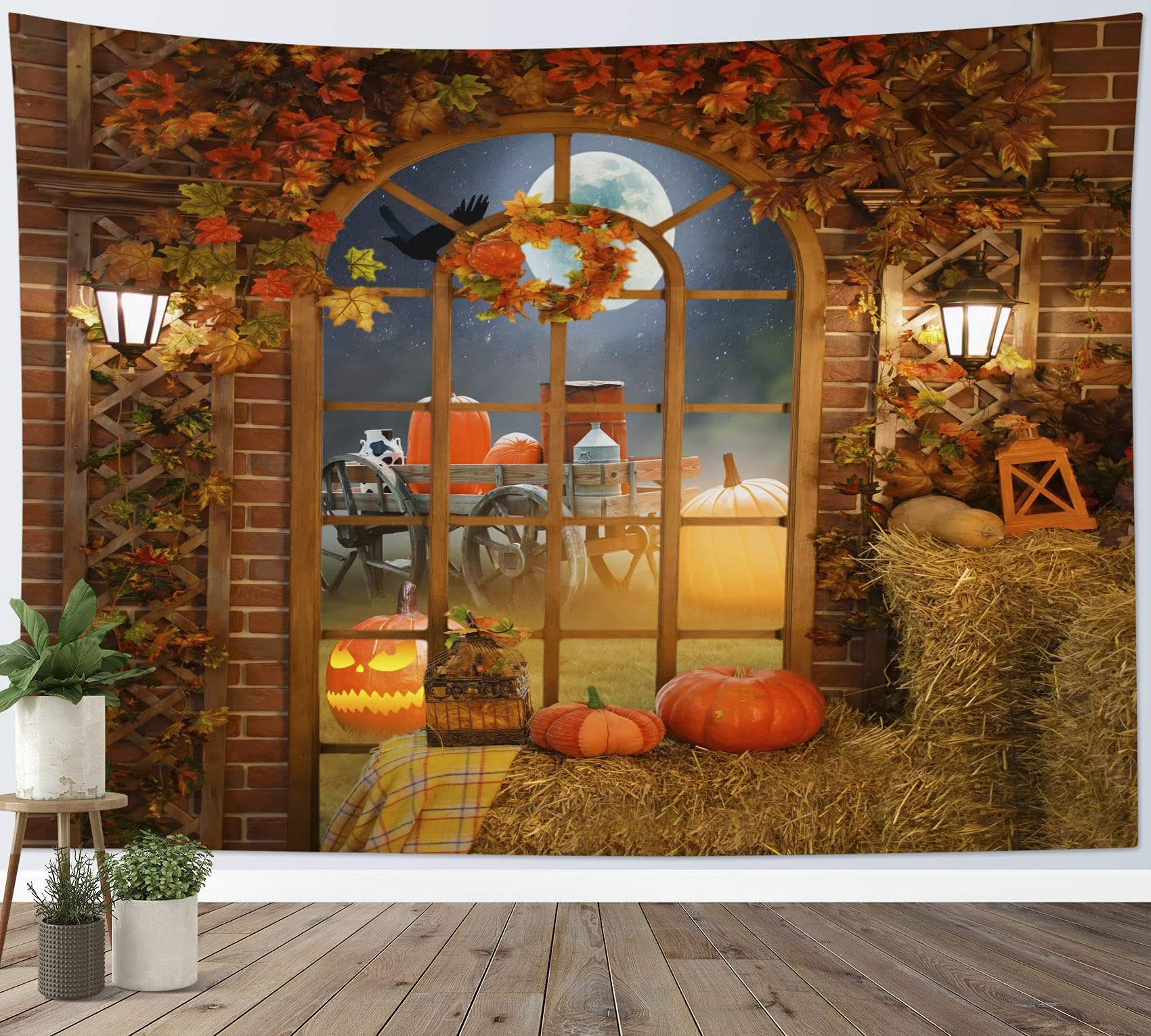 HVEST Fall Tapestry Wall Hanging Rustic Autumn Orange Pumpkin and Maple Leaves Thanksgiving Tapestries Full Moon with Crow Halloween Wall Decor Blanket for Bedroom Living Room Dorm Party,60x40 Inches