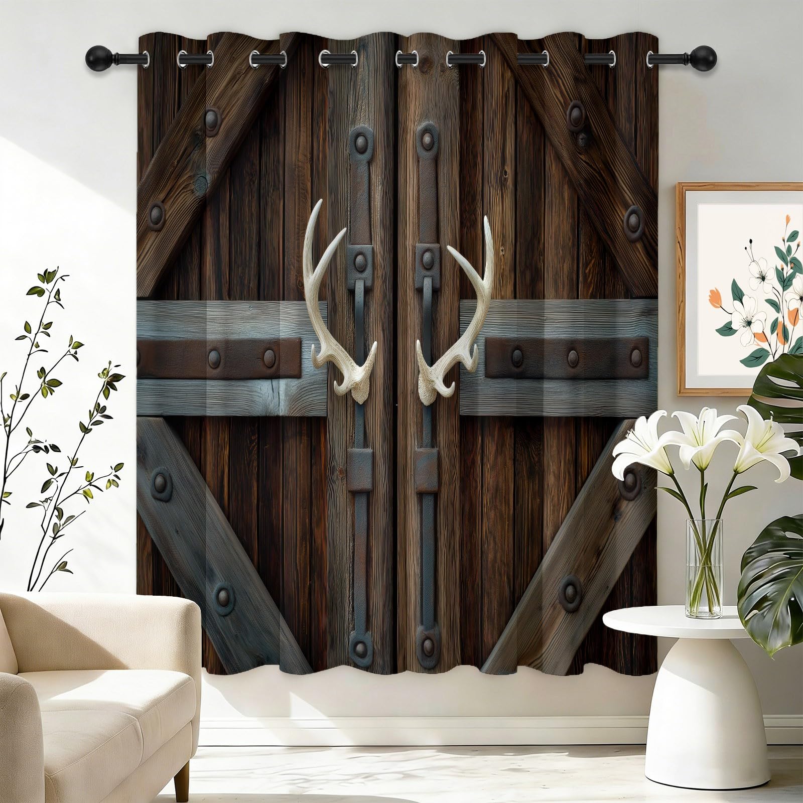 Eyelet Window Curtains W 66" x L 72" (2 Panels), Shabby Chic Barn Door & Metal Rivets Print, 100% Full Blackout Triple-Weave Drape with 4cm Rings for Farmhouse Living Room, Dining Room, Tan Brown