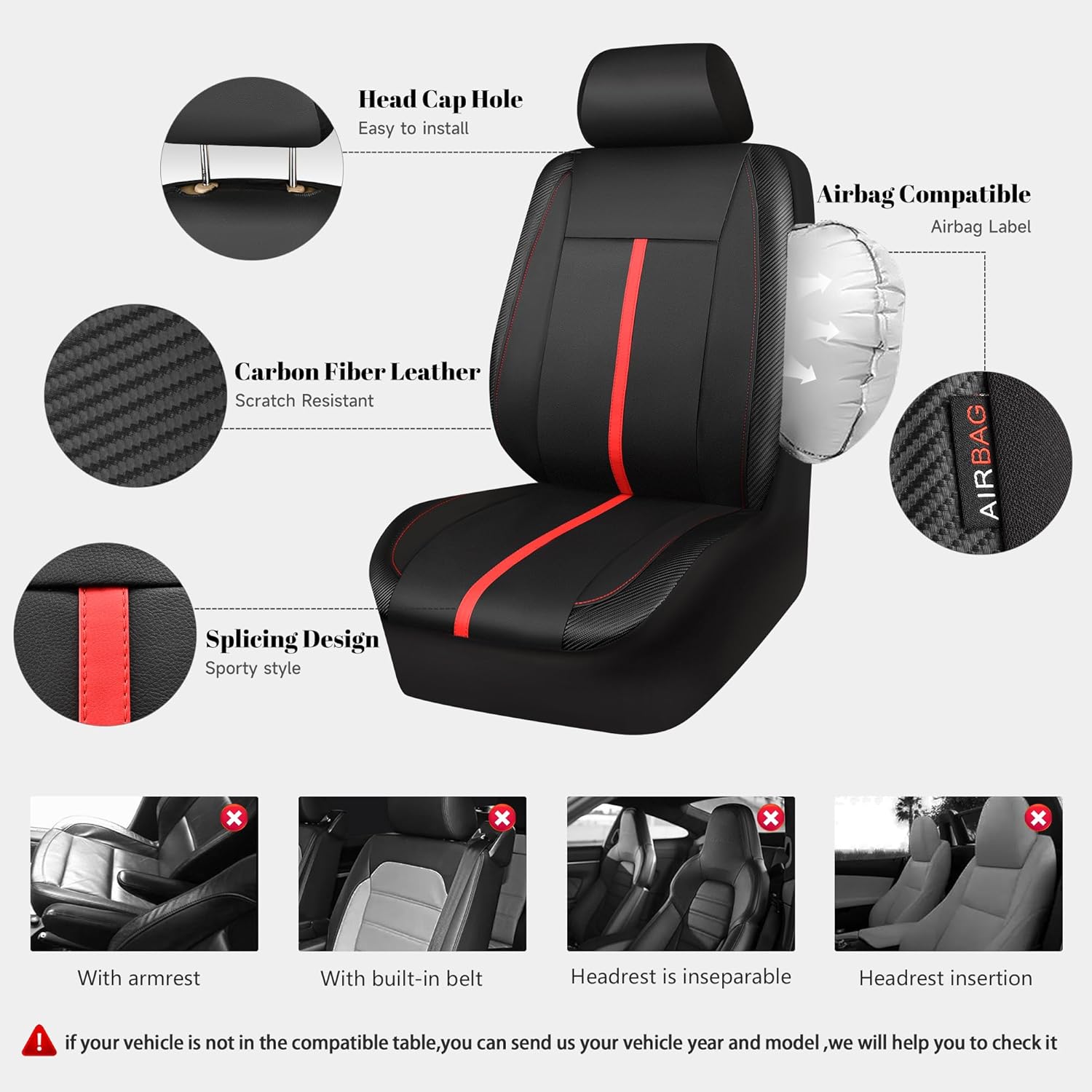 CAR-GRAND Leather Car Seat Covers, Full Set PU Leather and Carbon Fiber Leather Auto Seat Covers, Airbag Compatible, Universal Fit for SUV Sedans Vans Pickup Truck Black & Red Sport Style