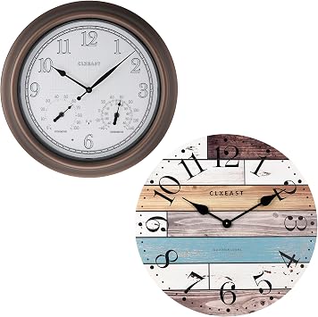 CLXEAST 18 Inch Illuminated Outdoor Indoor Atomic Analog Wall Clock+24 Inch Multicolor Woodgrain Shiplap Wall Clocks for Living Room Decor, 24 Inch Large Farmhouse Wall Clock