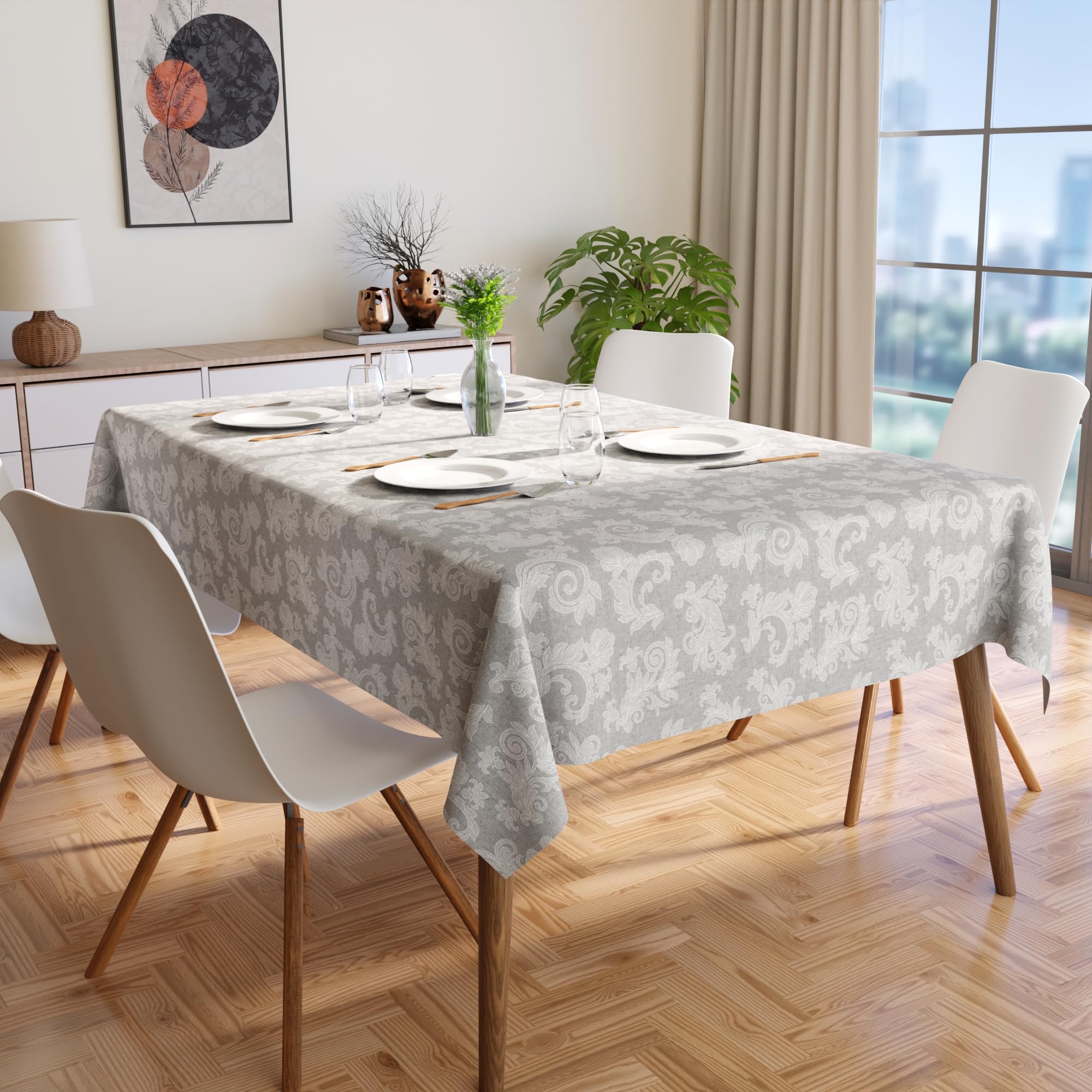 Encasa XO 8 to 10 Seater Dining Table Cloth 145x300 cm (57x118 in) I Floral Grey Jacquard Style Print on Chambray Homespun Cotton I for Family Gatherings Parties I Washable - Image 2