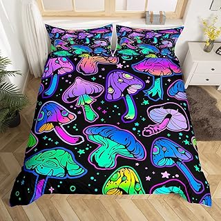Erosebridal Neon Mushroom Comforter Cover Cute Kawaii Mushroom Duvet Cover Psychedelic Galaxy Space Bedding Set Queen Rainbow Fungus Bedspread Cover for Kids Boys Girls Room Magic Mushroom Decor