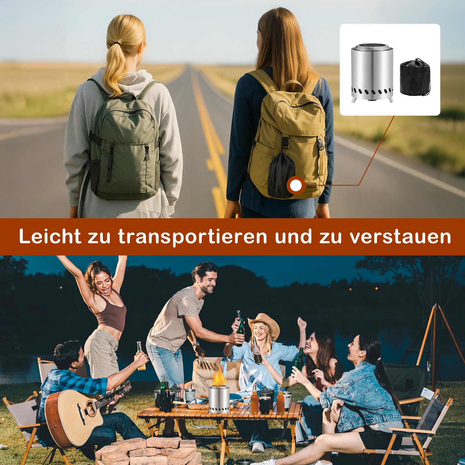 Rauchfreie Tischfeuerstelle 2025 – Tragbare Tischfeuerstelle aus Edelstahl für den Garten und den Außenbereich, kleine Feuerschale mit Reisetasche, Luftstromgestell, Haken und hitzebeständiger Unterla