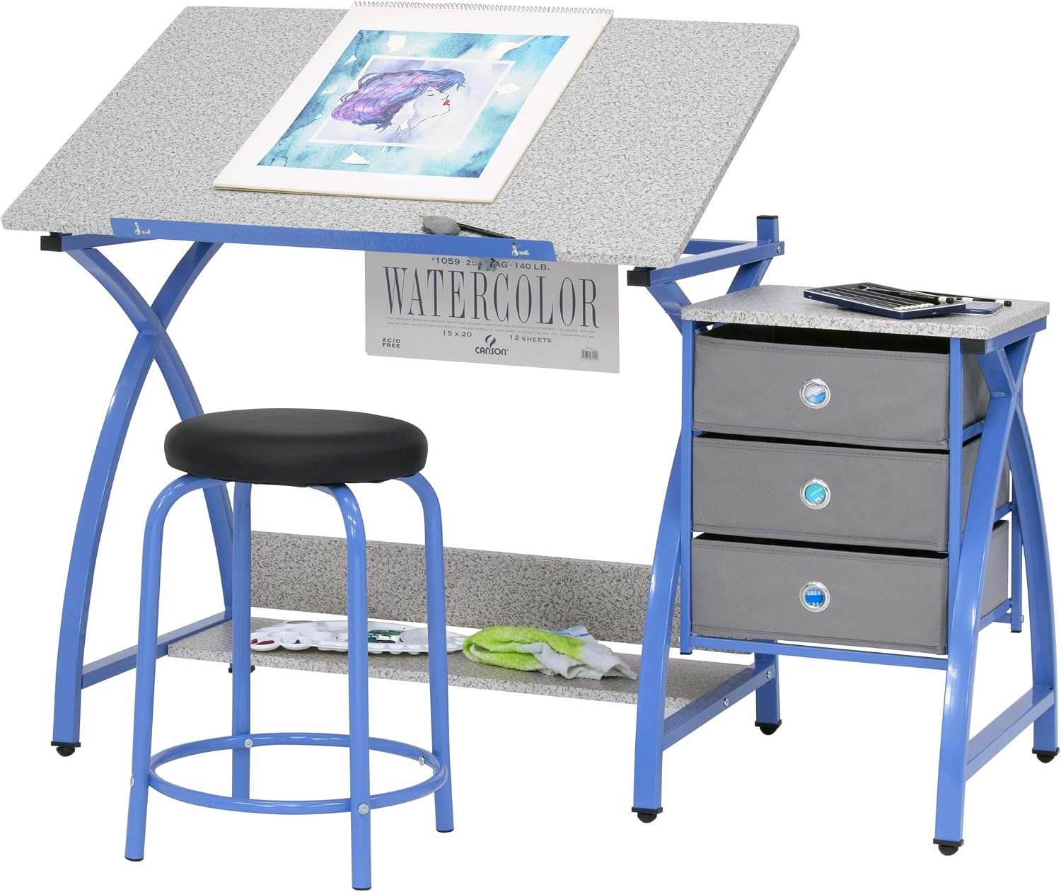 SD STUDIO DESIGNS 2 Piece Comet Craft Table | Angle Adjustable Top and Stool | Blue/Spatter Gray