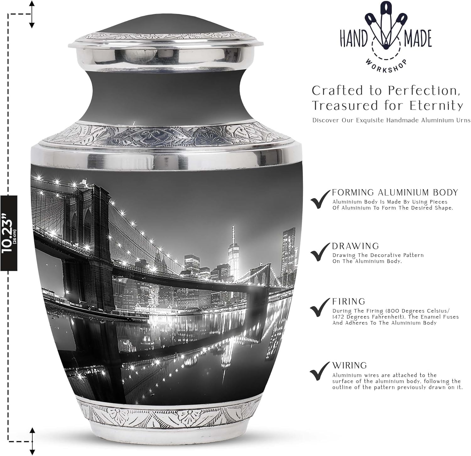 Brooklyn Bridge At Night - Urn For Human Ashes - 10 Inch - Cremation Urns - Large With Velvet Bag - Decorative Urn For Male - Modern Urn For Adults - Funeral Urns - Memorial Urns For Mom And Dad