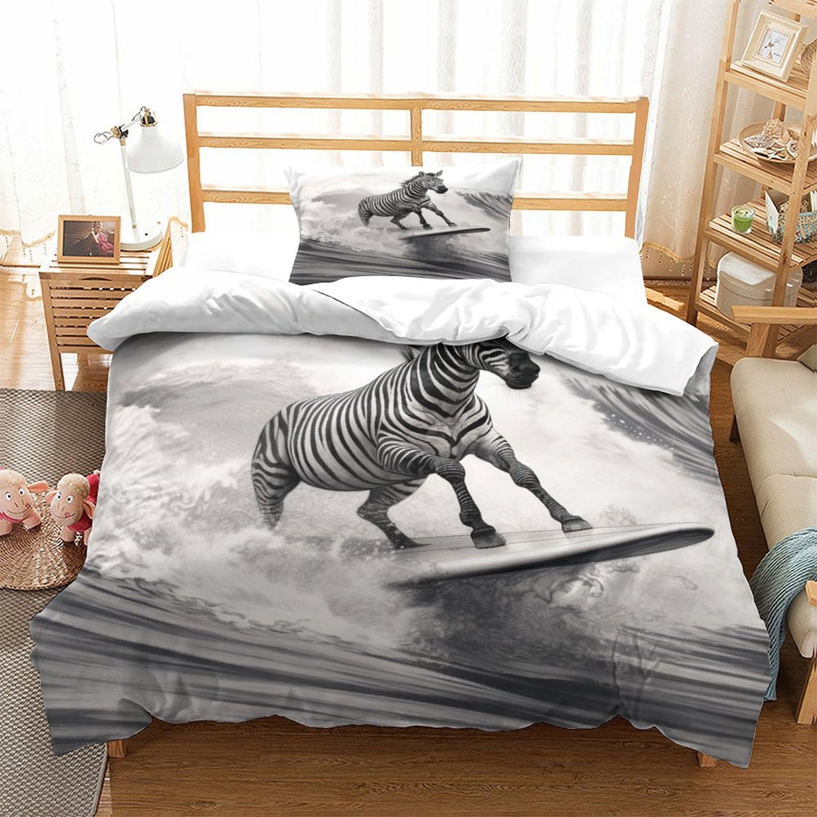 P1S9U7W5Y 3D Printed Surfing Zebra Duvet Cover Set 3 Pieces Microfiber Adult Bedding Set Stylish Bedroom Decor Soft for Home Single（135x200cm）
