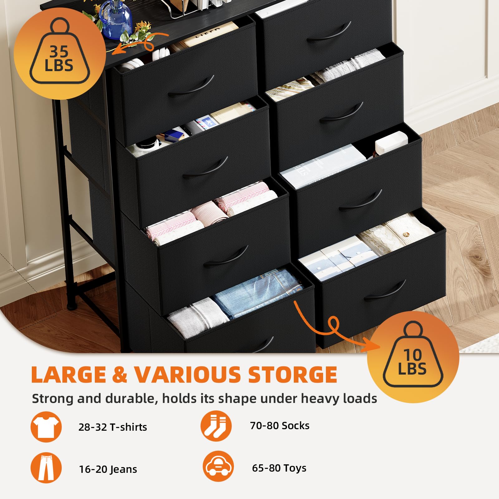 Somdot ladekast, dressoir met stalen frame en stoffen laden, commode, opbergkast voor slaapkamer, woonkamer, Zwart Roestbruin, 30D x 100B x 77H (7 laden