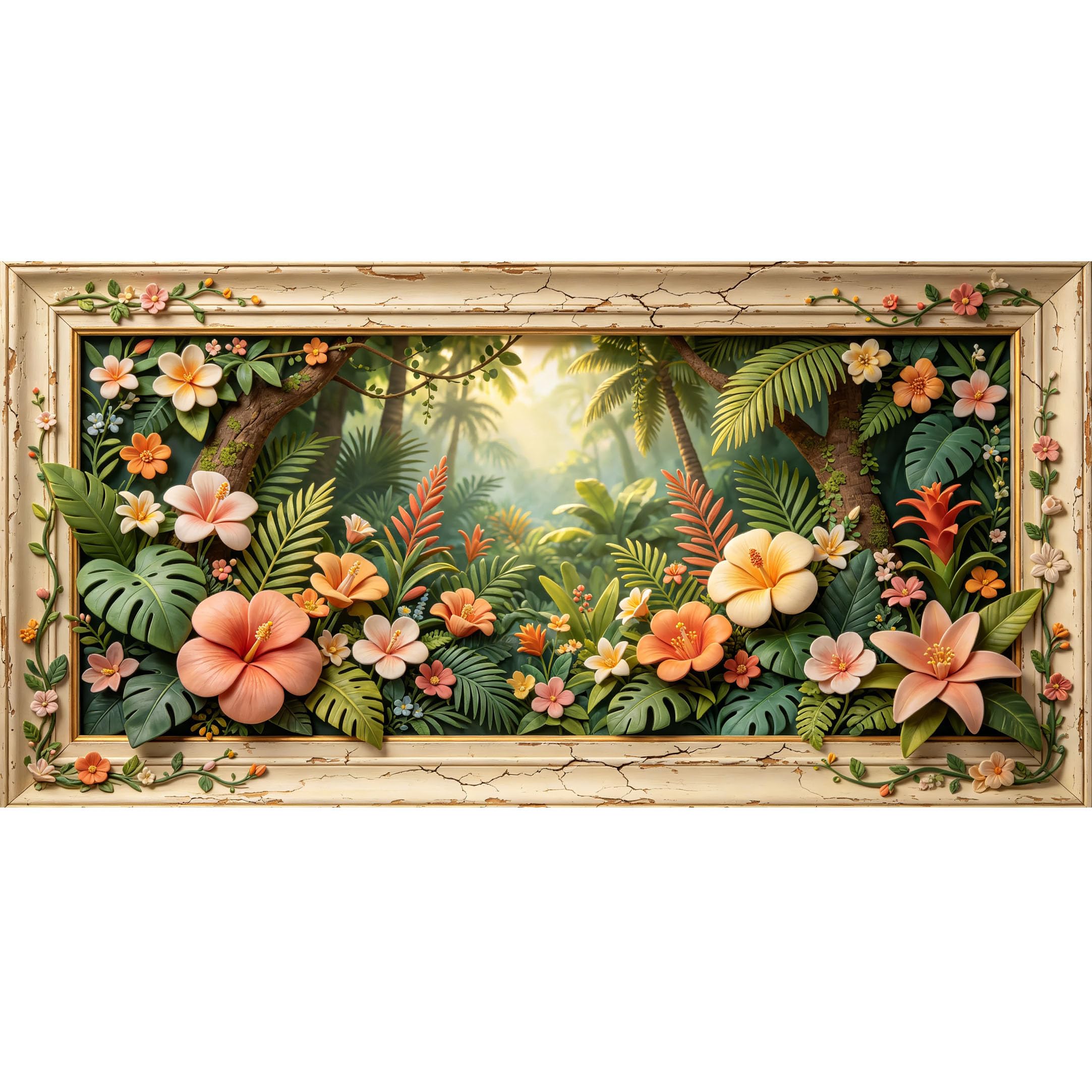 Agglomerix 3D Framed Wall Art Tropical Hibiscus Palms Rainforest Botanical 3D Trompe l'oeil Large Size SelfAdhesive Removable Wall Decor Prints Artwork for Living Room Bedroom Office