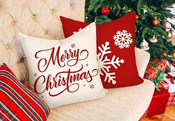 4TH Emotion Red Christmas Pillow Covers 18x18 Set of 4 Farmhouse Xmas Decorations Snowflake Hello Winter Holiday Decor Throw Cushion Case for Home Couch S24C17