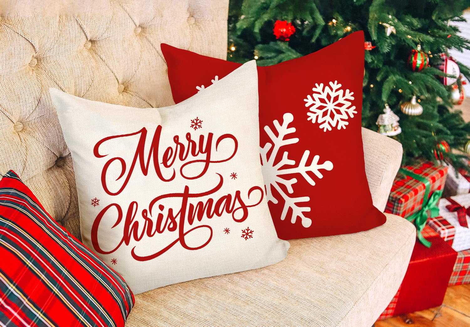 4TH Emotion Red Christmas Pillow Covers 18x18 Set of 4 Farmhouse Xmas Decorations Snowflake Hello Winter Holiday Decor Throw Cushion Case for Home Couch S24C17 2