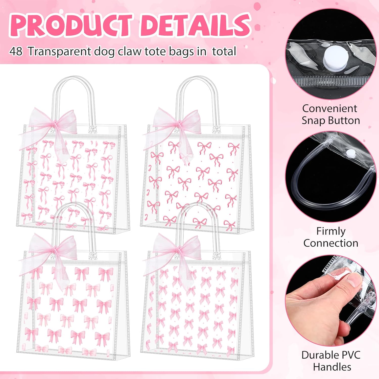 Kolldenn 48 Pcs Pink Bow Clear PVC Gift Bags with Handle Ribbon Reusable Pink Coquette Bowknot Goodies Treats Totes Bulk for Birthday Wedding Baby Shower Party Supplies, 5.9 x 6.3 x 2.8 Inch - Image 5