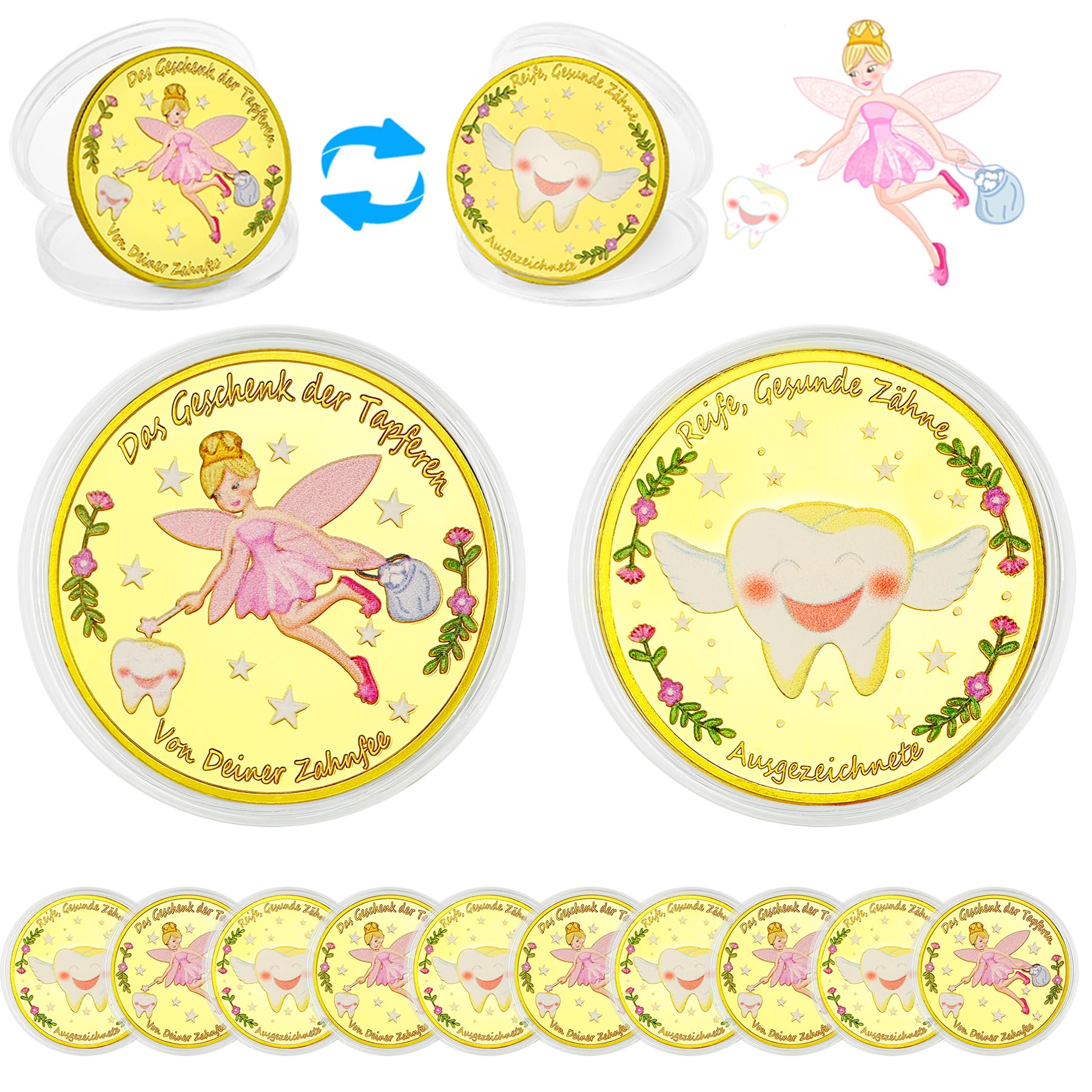 VEEKAY Zahnfee Münzen,10 Stück Farbige Zahnfee Geschenk,Zahnfee Geschenke Mädchen,Goldmünzen Kinder,Zahnfee-Goldmünzen mit unterschiedlichen Motiven auf der Vorder-und Rückseite,Bunte Zähne,Bunte Feen
