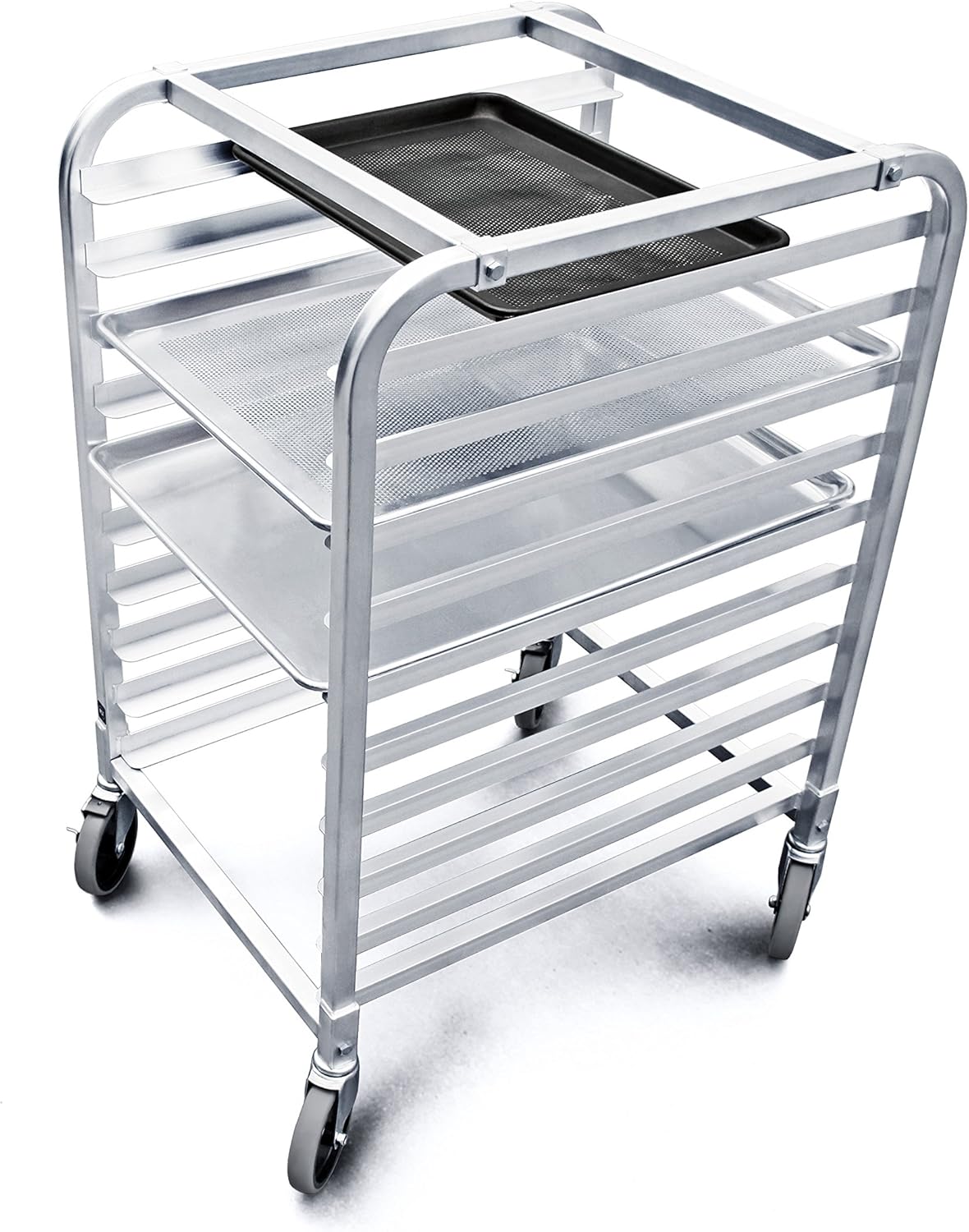 New Star Foodservice 36510 Commercial-Grade Aluminum 10-Tier Sheet Pan/Bun Pan Rack, 26" L x 20" W x 38" H with Brake Wheels Silver - Image 3