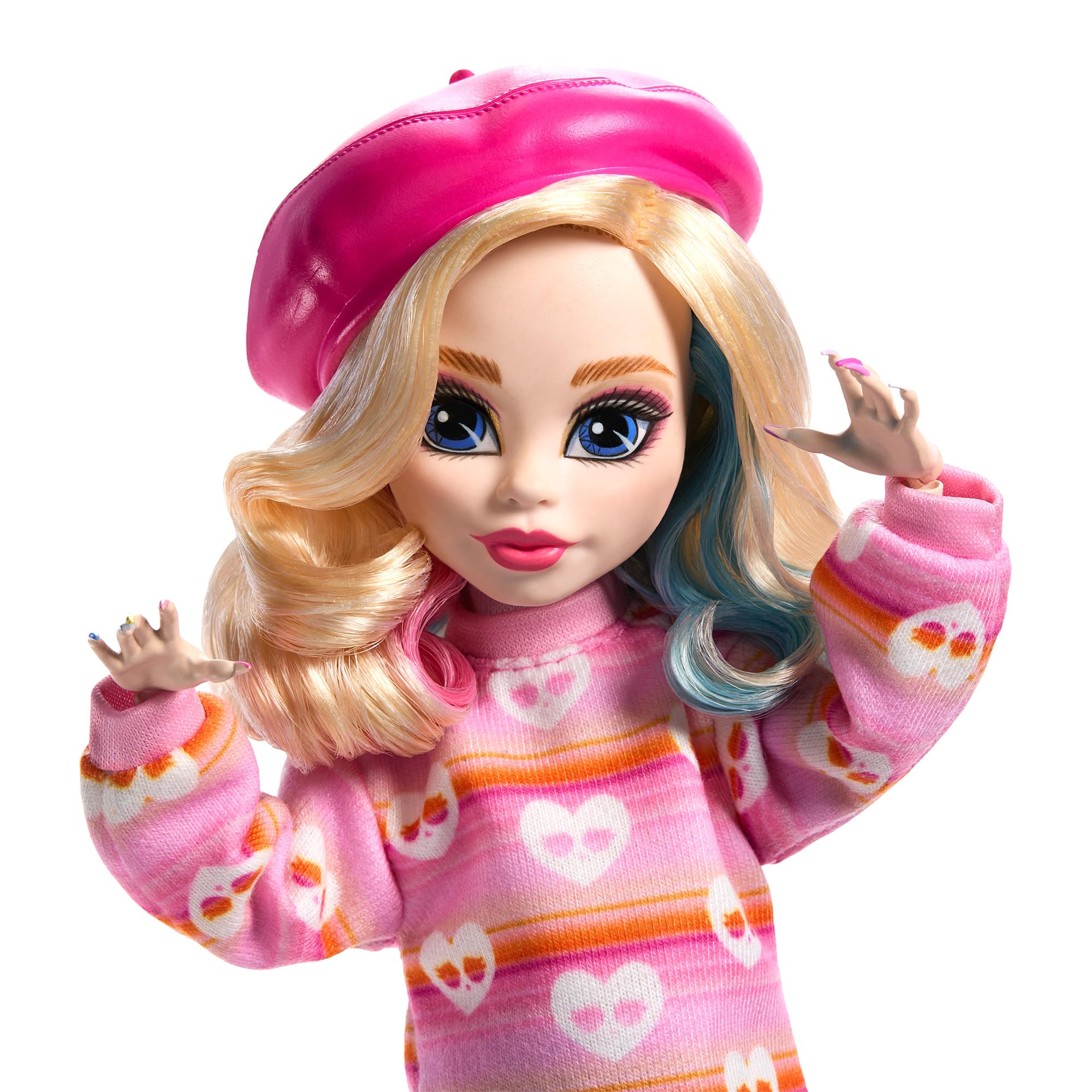 Monster High x Wednesday Enid Sinclair Puppe | Sammler-Puppe im rosa Pullover, Rock und Beinstulpen mit Barett, Rucksack-Zubehör, Puppenständer, HXJ05