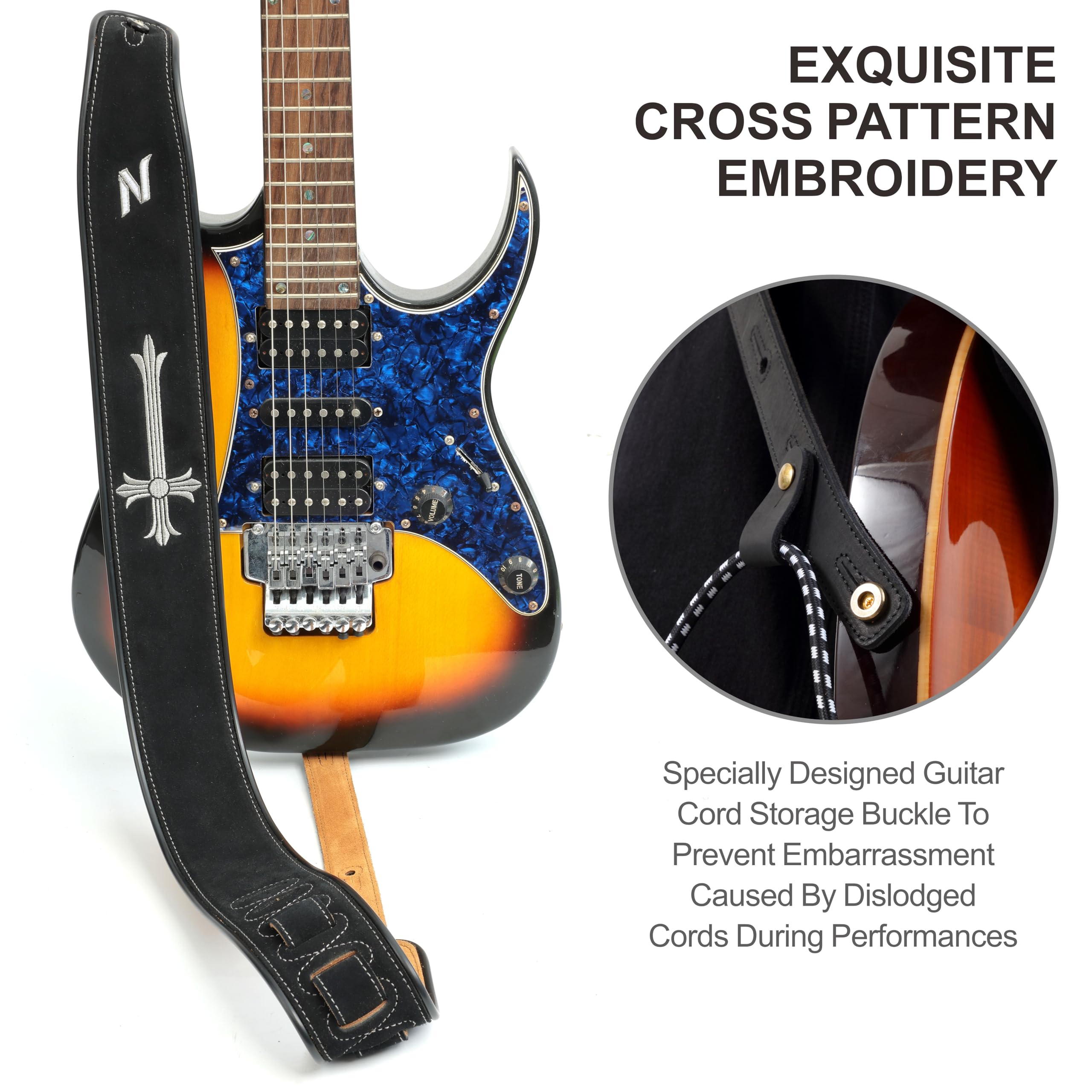 Nefelibata Gitarrengurt mit Kreuzigungsstickerei, 2,7“ doppellagiger Gitarrengurt aus bayerischem, getrommeltem Rindsleder mit Schaumstoffpolsterung für Akustik-, Bass- und E-Gitarren