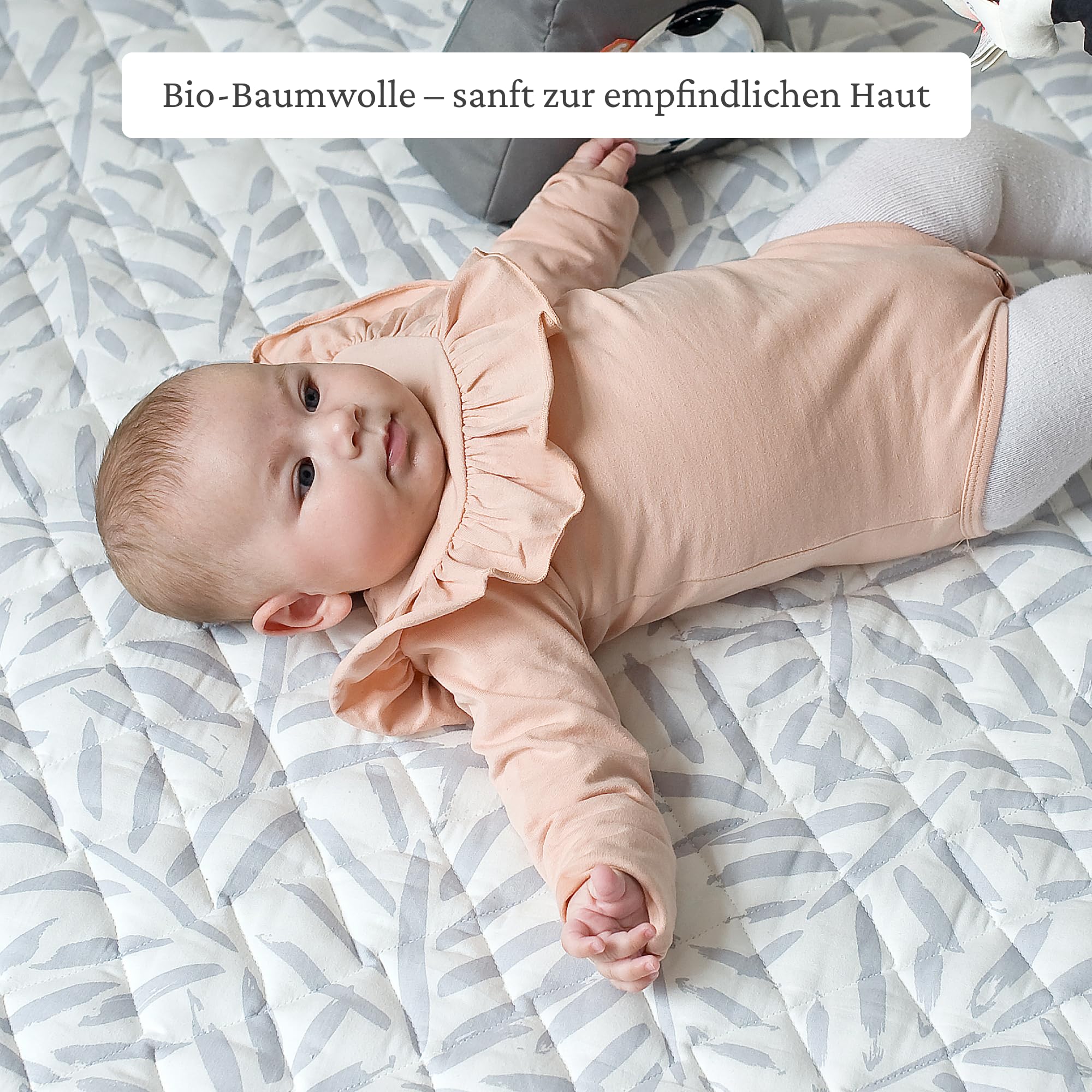 Toddlekind Krabbeldecke für Babys, Blattmuster, handgenäht, Baby-Spielmatte aus Bio-Baumwolle, 125 cm, Stone/Grau
