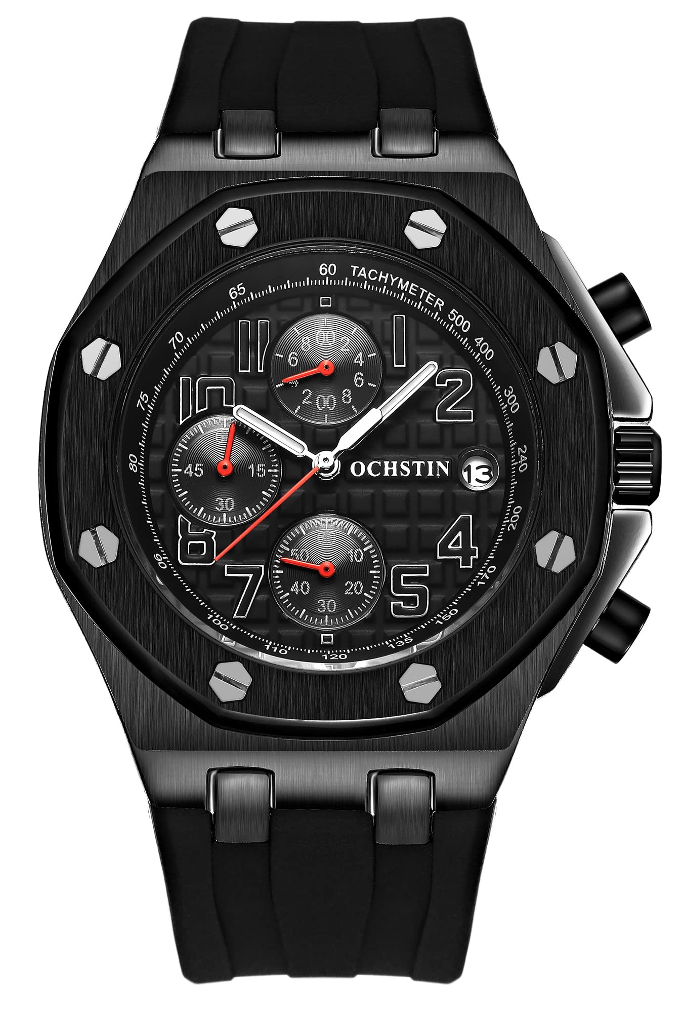 TEINTOP Ochstin Precision Chronograph męski zegarek biznesowy męski ośmiokątne zegarki, Czarny pomarańczowy, Klasyczny