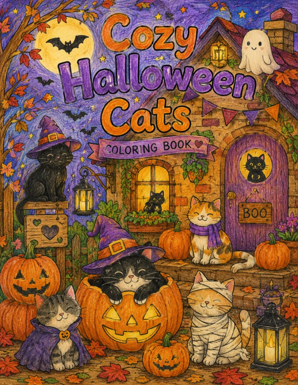 Cozy Halloween Cats Coloring Book: Cute and Cozy Halloween Cat Scenes for Relaxation