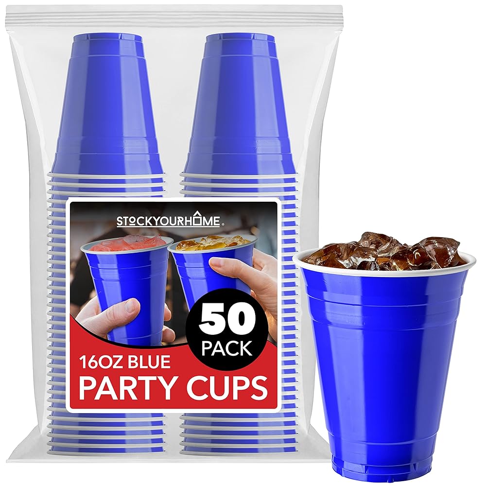 Stock Your Home Blue Plastic Cups Disposable, 16oz (50 Count) Heavy-Duty, Large Party Cup Pack Bulk Pack for Drinking Punch, Soda, Wine, Beer, 4th of July, Halloween