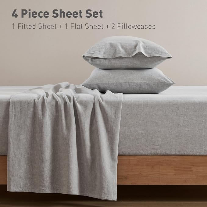 Hyde Lane Organic Linen Sheet Set, Luxury French Flax Cotton Blend, 4 Pcs Linen Cotton Bed Sheets Queen Size for All Seasons - Soft & Breathable, 15" Deep Pocket (Queen, Linen)