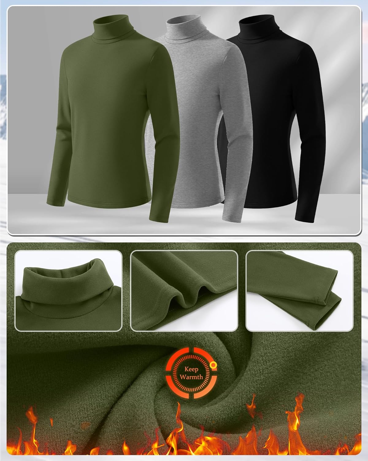 3 Pack Boys Thermal Turtleneck Long Sleeve Fleece Tops, Compression Shirts Youth Basic Layer Warm Undershirt Winter - Image 3