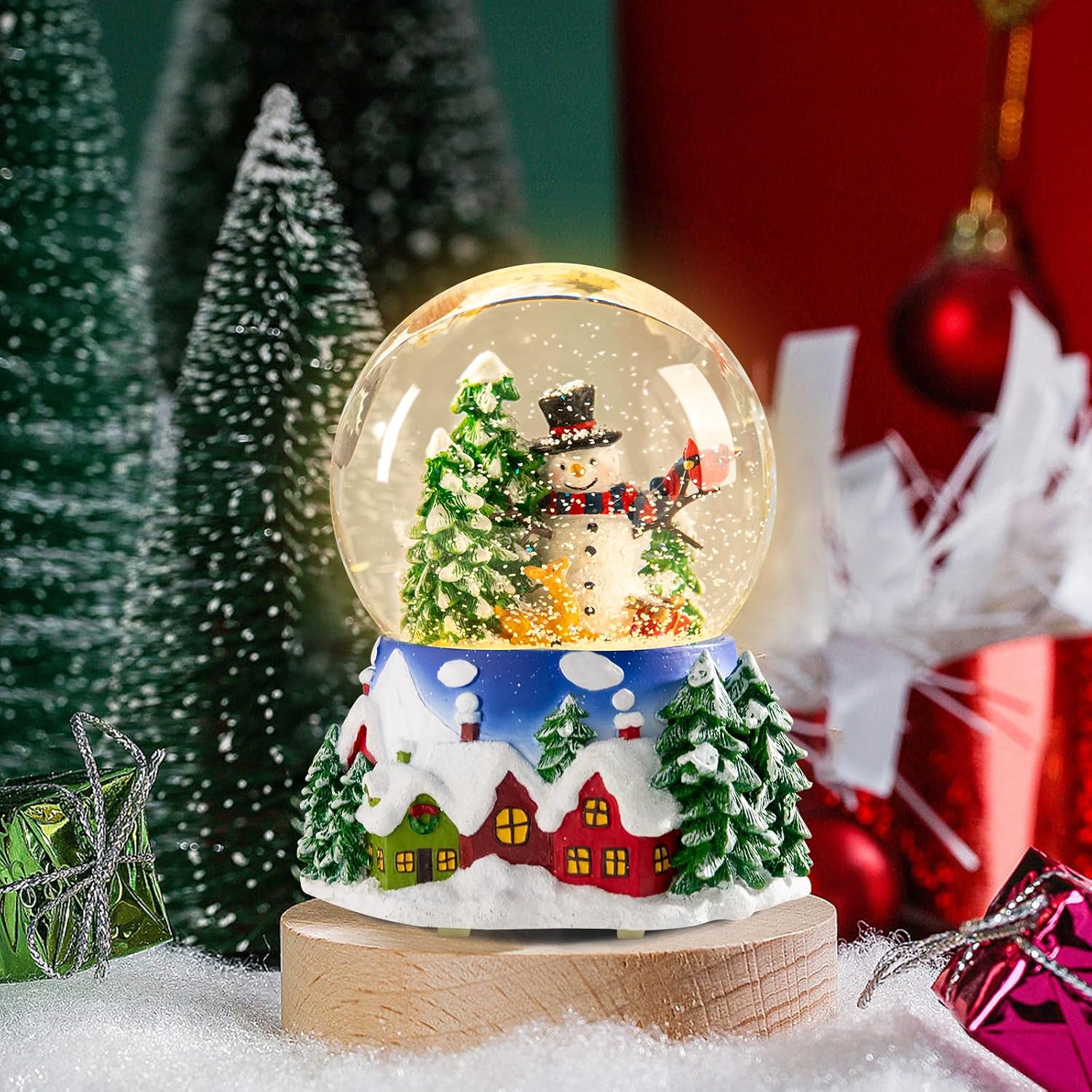 Taman Christmas Snow Globe, Snoman and Christmas Tress House Musical Snowglobe with Swirling Glitter Snowflakes Lighted Christmas Decorations Tabletop Home Décor