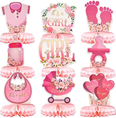Miniatura 1 de 9 piezas de decoración de mesa rosa con diseño de panal de abeja para bebé, decoración de mesa con texto en inglés "It's a Girl Welcome New",